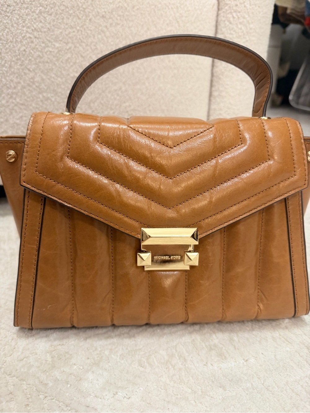 Top-Handle Quilted Leather Satchel in Cognac Brown, SMALL size